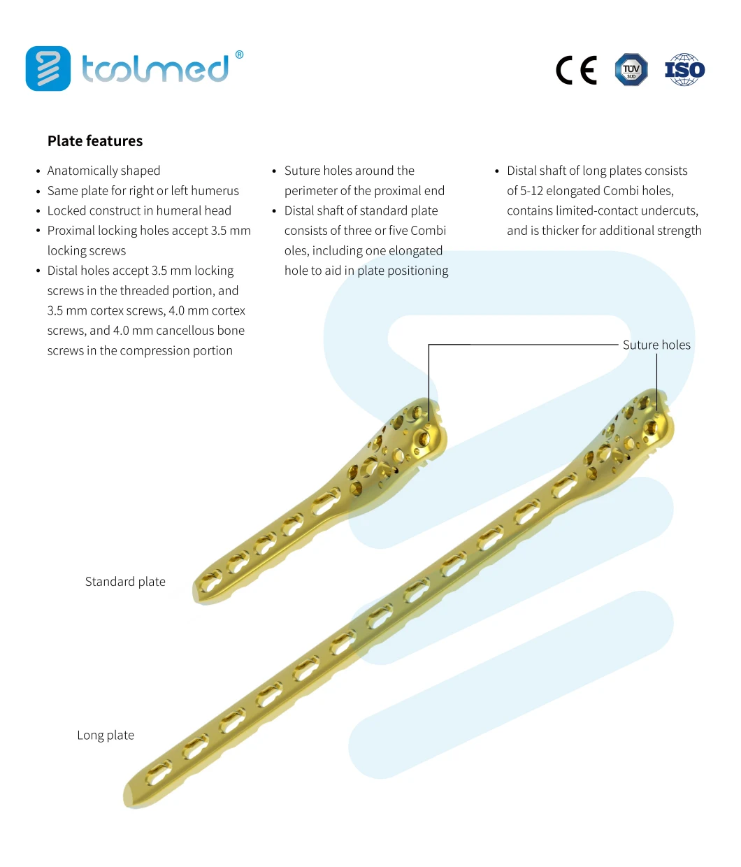 Long Proximal Humeral Locking Compression Bone Plate, Small Fragment LCP System, Titanium, Orthopedic Surgical Implant for Trauma Surgery, Medical Products CE